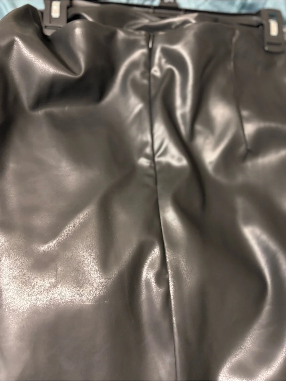 Commense Black Faux Leather Midi Skirt with Side Draping